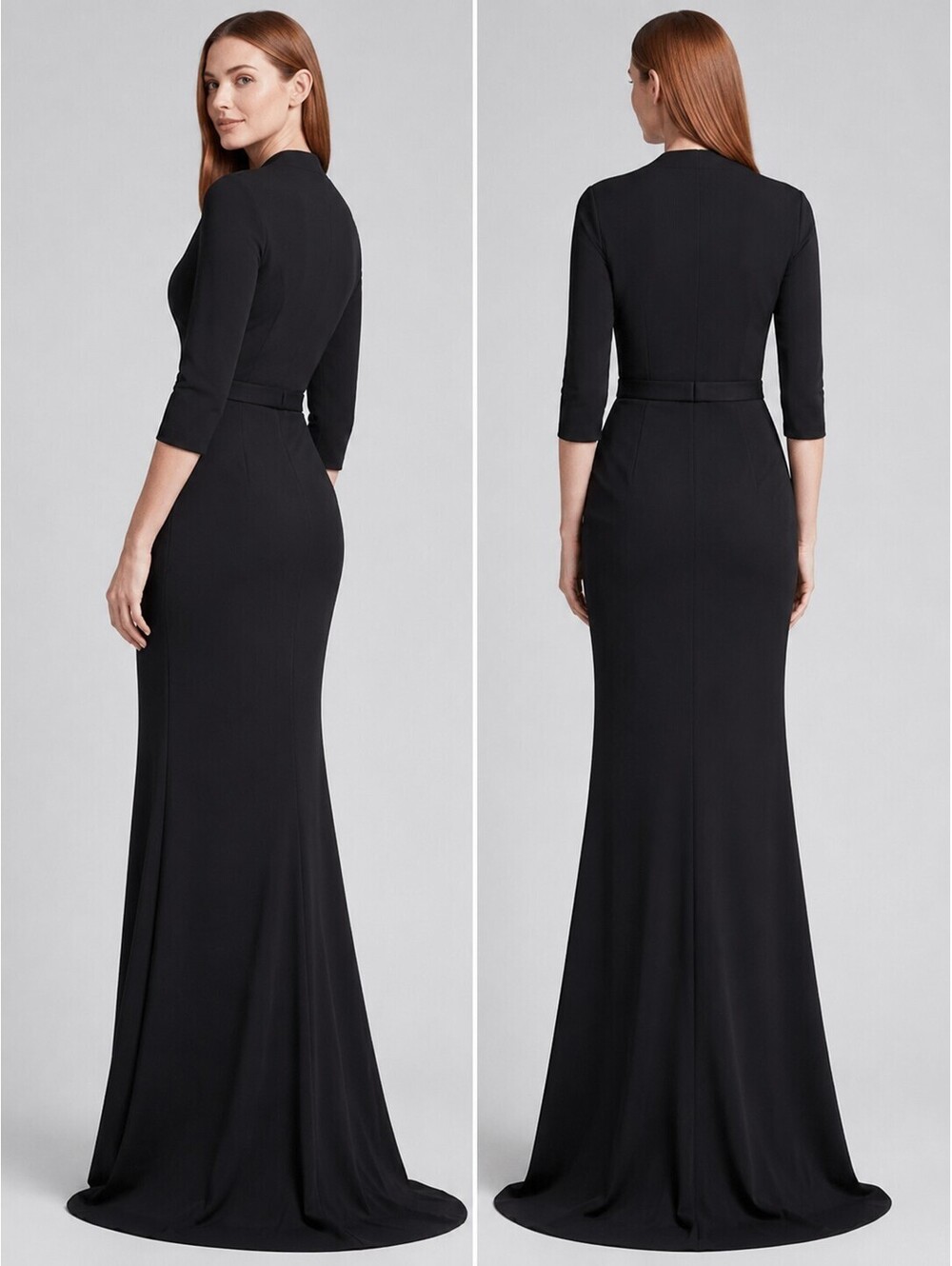 Designer Queen Anne Neckline Mermaid Gown 3/4 Sleeves Black Modest sz 6 Ruched - Picture 2 of 5